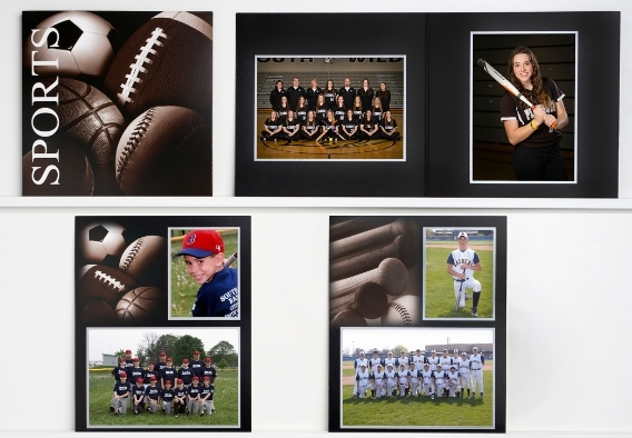 Sports photography collage packaging featuring football, baseball, and team portrait composite prints