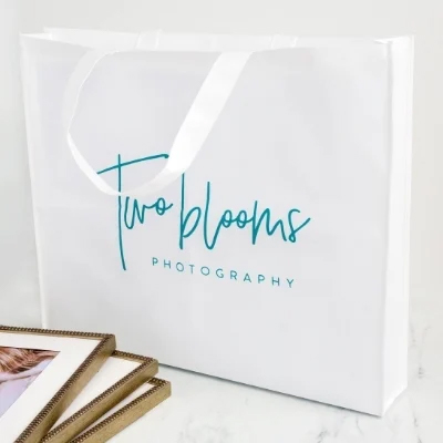 White photography delivery bag with teal screen printed Two Blooms Photography studio logo and script font branding
