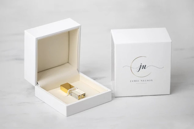 Crystal flash drives in Black, Silver, and Rose Gold caps shown with Soft Touch White USB Box bundle