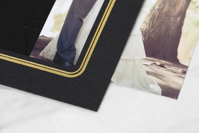 Prestige Mount in Black Gold open showing slip-in side loading design and pop-out easel back for vertical and horizontal display