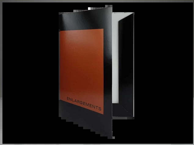 Royal Enlargement Folders in 5x7, 8x10, and 11x14 showing black finish with gold foil border for enlargement protection