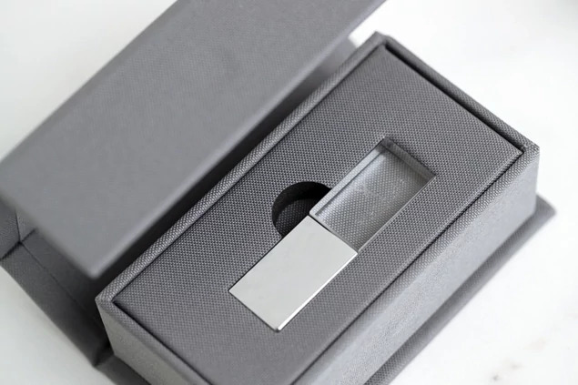 Slate Luxe Fabric USB Box open showing finished fabric insert holding Crystal Flash Drive