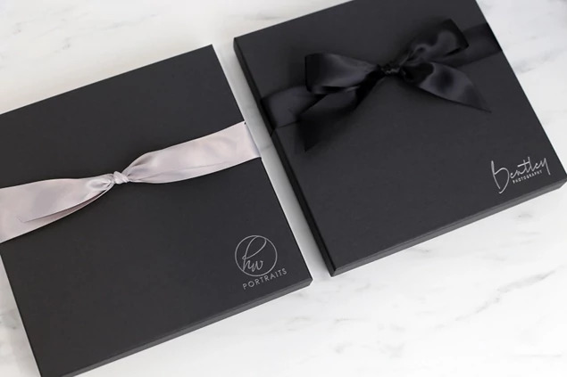 Square Photo Book Box in Matte Black 10x10 showing 60pt rigid chipboard with art paper wrap and matte finish