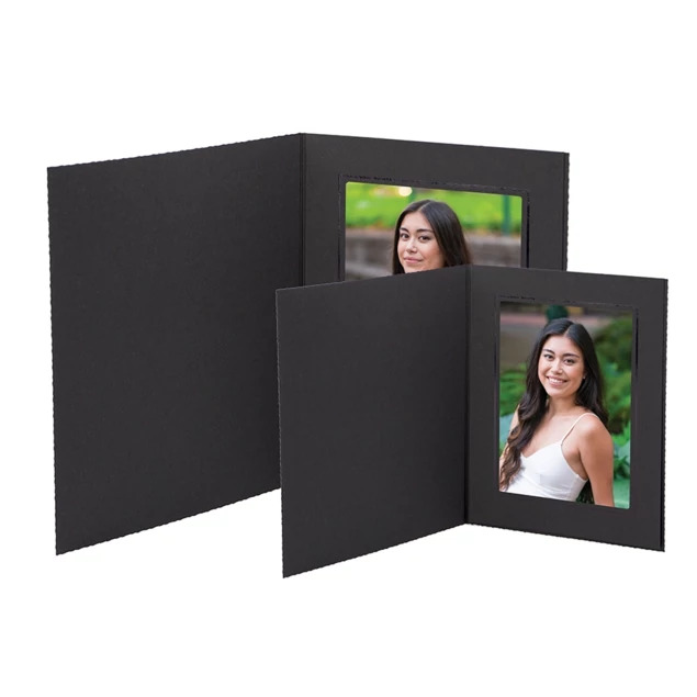 Print Folders in 4x6, 5x7, and 8x10 showing black recycled paper construction with bottom-loading design