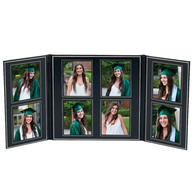 PG 3.5x5-8 Folio in V and VH layouts showing simulated leather cover with gold foil border detail around 8 photo openings