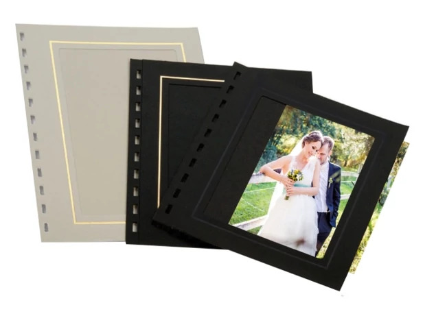 Advantage Album inserts in white and black mat styles with wedding portrait displayed     Tyndell album inserts
