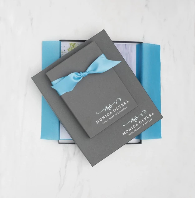  Slate portrait box with custom foil imprinted studio logo and teal ribbon     Tyndell portrait packaging