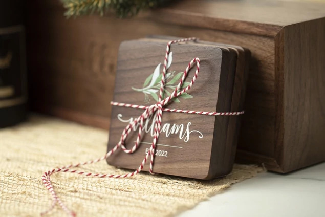 Tyndell Walnut Wood Coaster Set of 4 showing full color printed customization with rounded edges