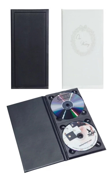Double Vertical CD Albums in white embossed Our Wedding and black covers showing padded vertical disc album design
