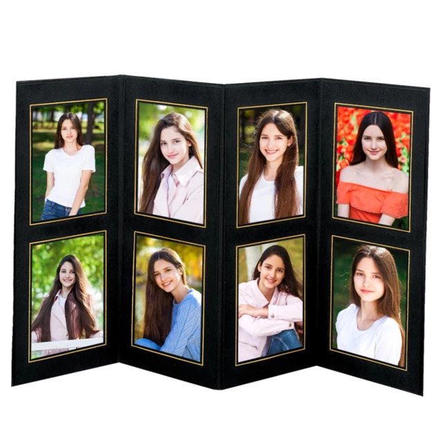 Black and gold Linden Proofer open showing leather-textured cover with accordion fold and 8 vertical proof photo slots