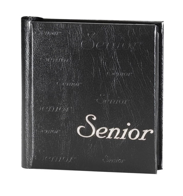 Parade Commencement Album in Black Silver showing simulated leather cover with embossed and foil Senior imprint in 4x5 and 4x6