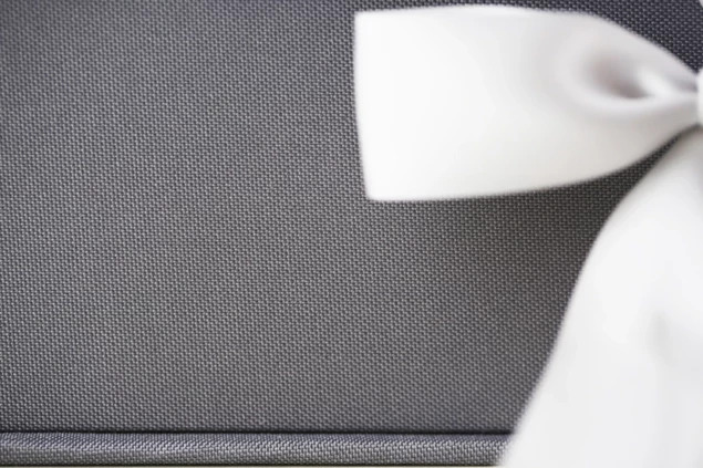 Tyndell Portfolio Box in Slate showing fabric-wrapped construction with satin ribbon tie in 8x10 size