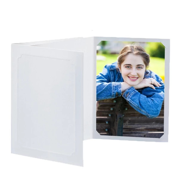 PF-12 White Folders in multiple sizes showing coated white board with embossed decorative border and corner tuck design