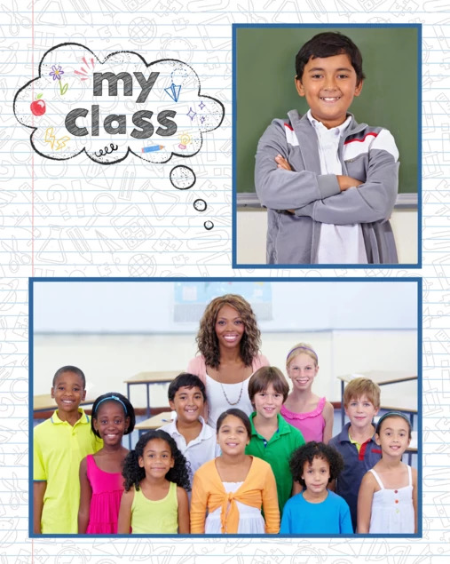 My Class Memory Mate front view showing 7x5 class photo and 3x5 individual portrait openings with colorful school design