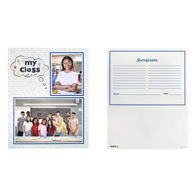 My Class Memory Mate open showing layout with photo slots and autograph area on back panel