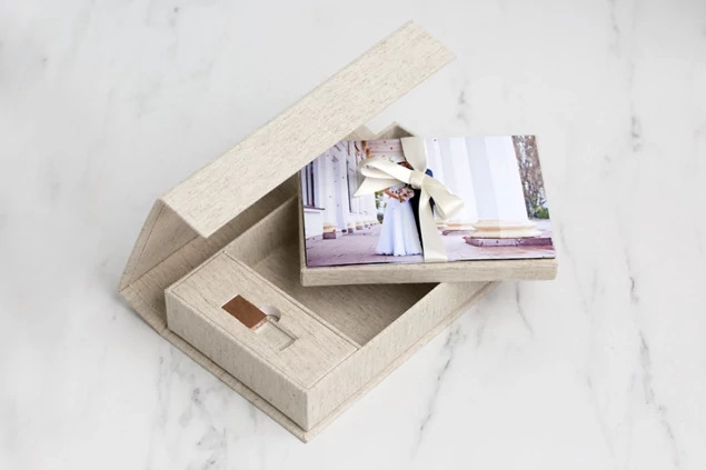 Linen Fabric Flash and Print Box closed showing fabric wrapped exterior and hinged lid design