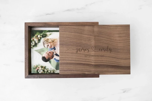 Tyndell Walnut Wood Print Boxes in 4x6 and 5x7 showing natural walnut wood construction with removable sliding lid