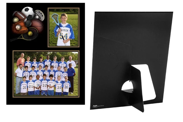 2-ply sports memory mate showing front and easel back for freestanding display     Tyndell Profit Line sports packaging
