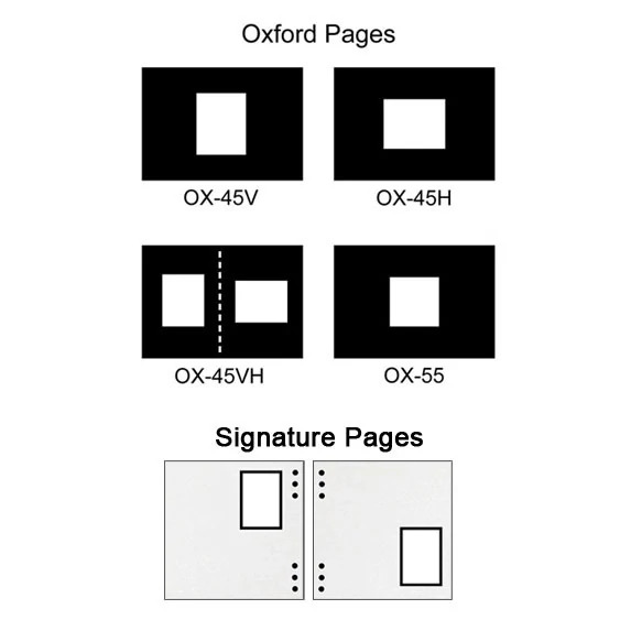 Oxford Album Inserts showing light gray 2x3 signature page and Black Black 4x5 horizontal mat style slip-in insert
