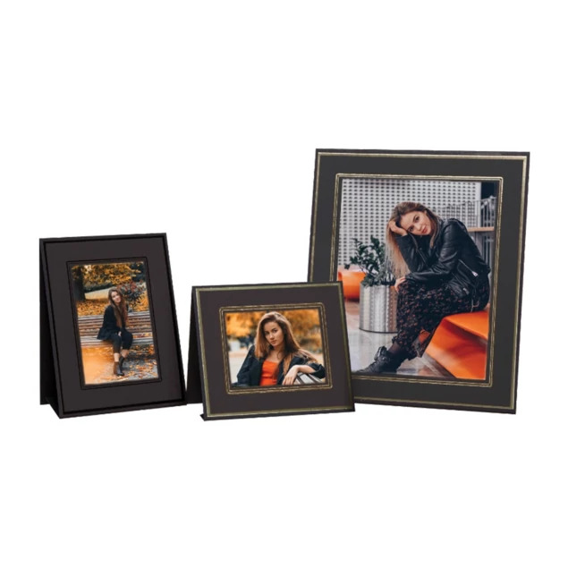 Jerry Easel in Black Black showing linen finish stock with fold-out easel for vertical and horizontal portrait display