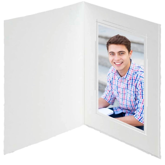 White Capital Folders with pearl border open showing bottom-loading quick-load design in multiple sizes