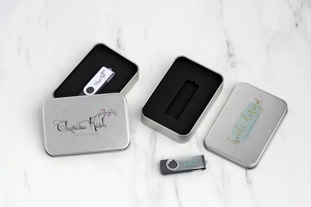 Aluminum metal tin box closed showing full color printed lid design for wallet photo or flash drive delivery
