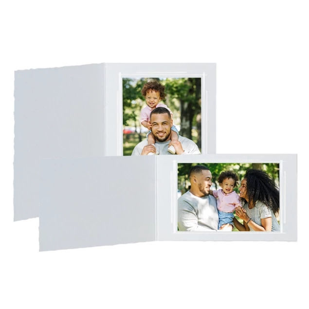 White Capital Folders with pearl border displayed open in multiple sizes showing bottom-loading design