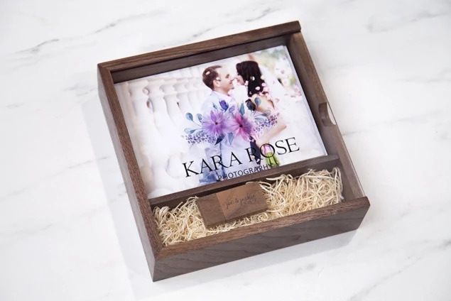 Tyndell Walnut Wood Flash and Print Box with acrylic top showing full color printed studio logo on clear acrylic lid