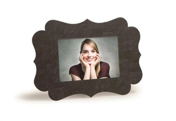 Polly Easel in Black Tile finish showing printed front with coordinating back in portrait orientation