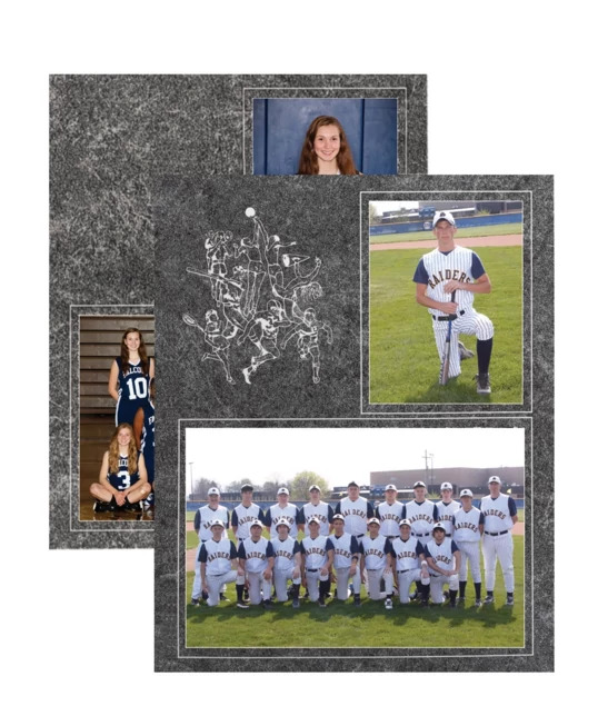 Black marble memory mate shown in plain and all-sports logo versions holding 7x5 team photo and 3x5 individual portrait