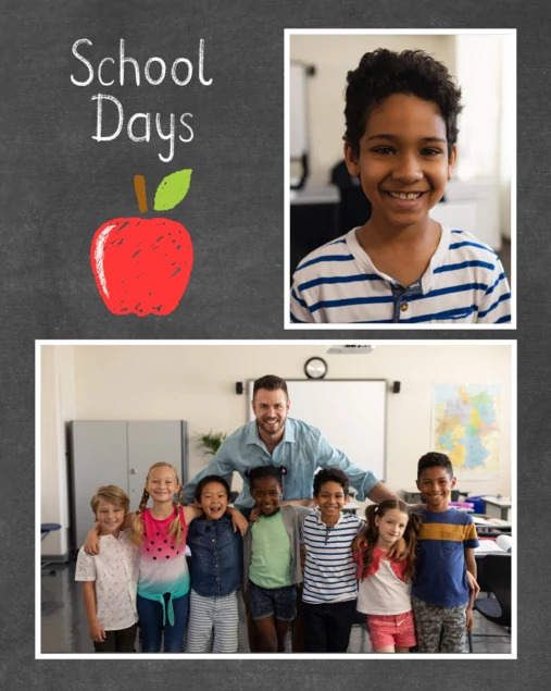 School Days Memory Mate showing classic apple design with 7x5 class photo and 3x5 individual portrait openings