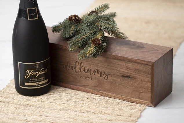 Tyndell Walnut Wood Wine Box with laser engraved name and date showing personalization on natural walnut surface