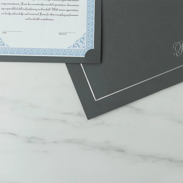 Tyndell Whitney Certificate Holder in White Silver showing linen texture finish for graduation or academic achievement delivery
