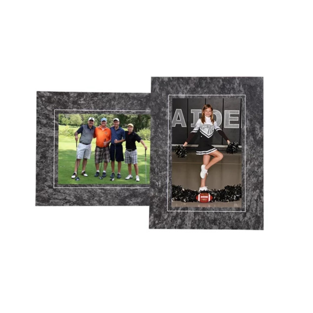 Black marble panel mounts in multiple sizes showing dual easel for vertical and horizontal portrait display