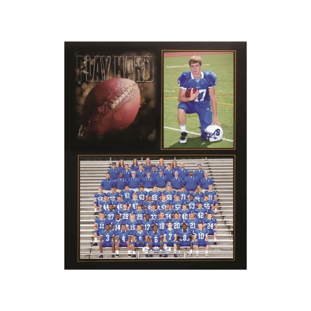 Play Hard Football Memory Mate showing football motif with 7x5 team and 3x5 individual portrait openings and pull-out stand
