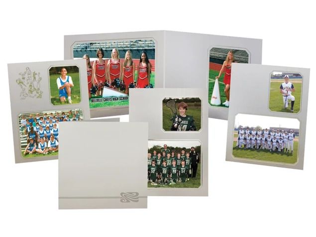 Tyndell Vision Memory Mates in gray ombre with gold foil border showing 7x5 3x5, 7x5 5x7, and 8x10 5x7 formats