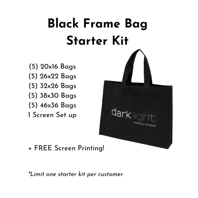 Black Frame Bag Starter Kit showing all 5 sizes from 20x16 to 46x36 with screen printed branding