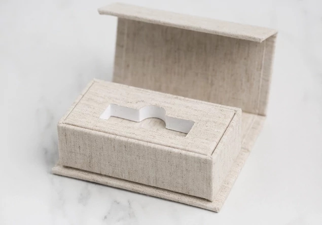 Linen Luxe Fabric USB Box open showing finished fabric insert and magnetic closure detail