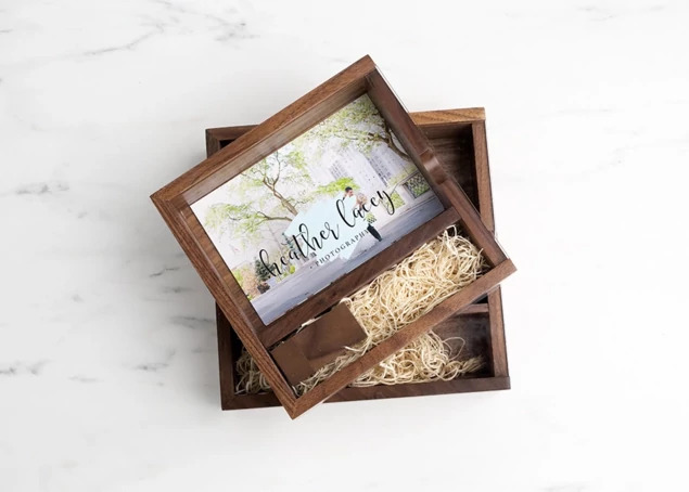 Tyndell Walnut Wood Flash and Print Box with clear acrylic top in 4x6 and 5x7 showing natural walnut wood construction