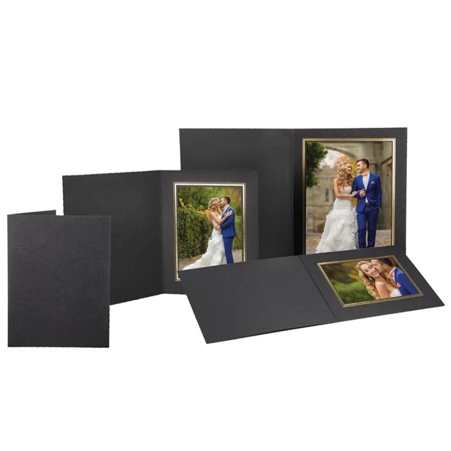 Executive Folders in multiple sizes showing black leather-grained texture with gold foil border