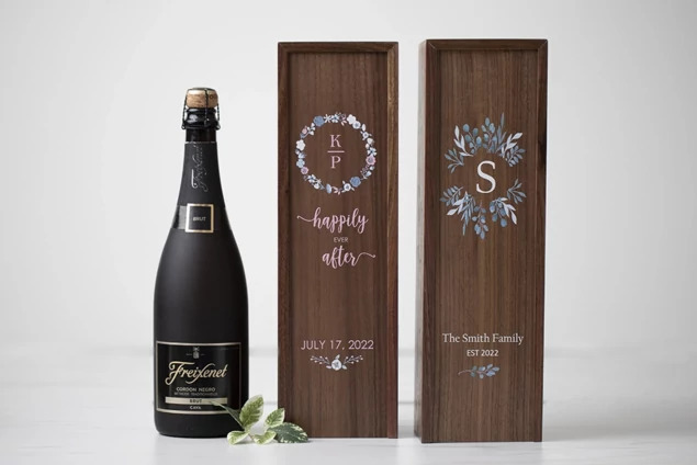 Tyndell Walnut Wood Wine Box open showing removable sliding lid and interior space for standard wine bottle