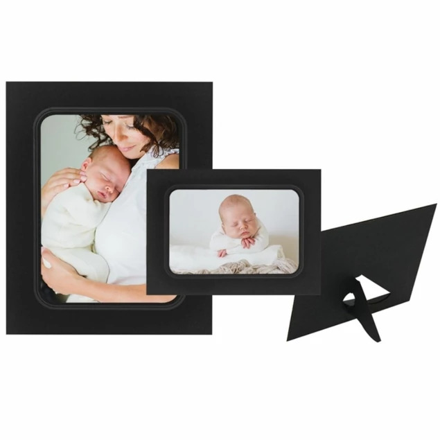 Midnight Mounts in multiple sizes showing black linen textured finish with black foil border and dual easel