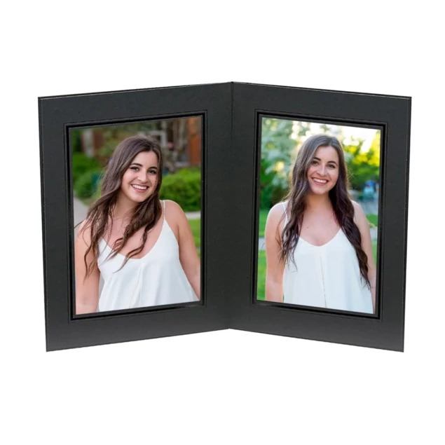 Onyx Double Take Folders in 5x7-2, 7x5-2, and 8x10-2 showing linen finish with deckle edge border and black foil detail