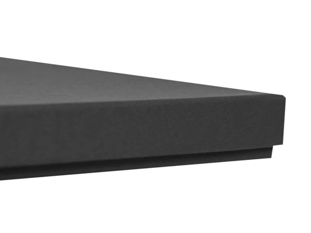 Side profile close-up of matte black deluxe portrait box showing raised lid construction     Tyndell portrait box