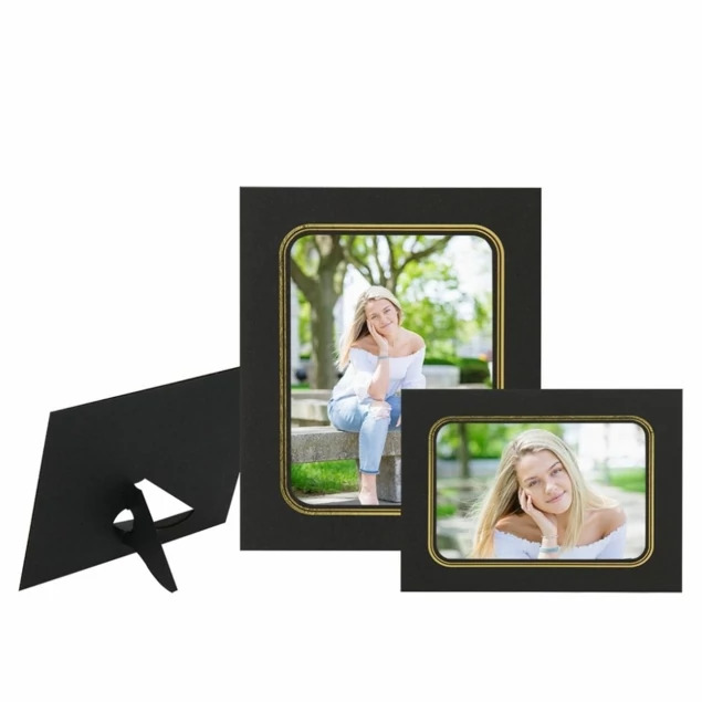 Prestige Mount in Black Gold showing leather texture finish with pop-out easel in 4x5, 4x6, 5x7, and 8x10 sizes