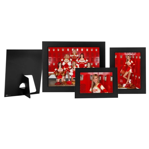 Pro Sports Panel Mounts in 4x6, 5x7, and 8x10 showing black finish with high gloss black border and pop-out easel back