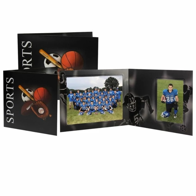 Pro Sports Series Folders in 10x8 5x7 and 7x5 5x7 showing multi-color sports design with black border and bottom-loading design