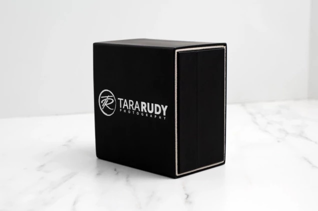Luxe Soft Touch Black USB Box closed with crystal flash drive showing boutique USB packaging bundle