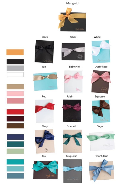 Tyndell Satin Ribbon showing double-sided satin finish in multiple colors for portrait box and photo case packaging