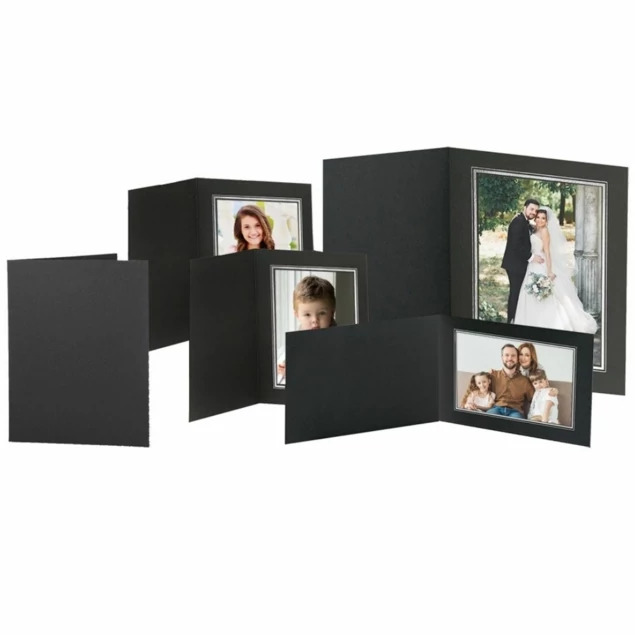 Silverton Folders in multiple sizes showing black virgin photo mount board with silver foil border and linen texture finish